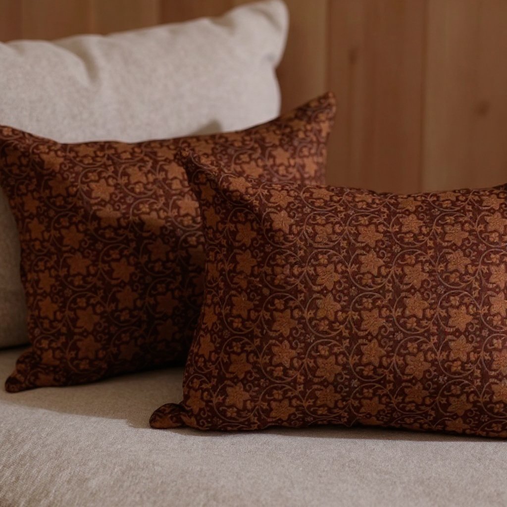 Brown patterned throw pillow on beige sofa